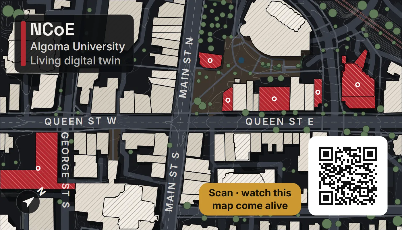 The printed card's map side: downtown Brampton's streets and buildings, the Algoma University sites in red, a QR code and the line 'Scan, watch this map come alive'.