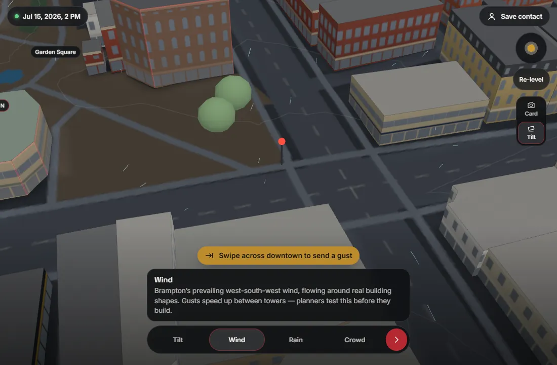 First version close up: plain grey and brown boxes along Queen Street with flat roads.