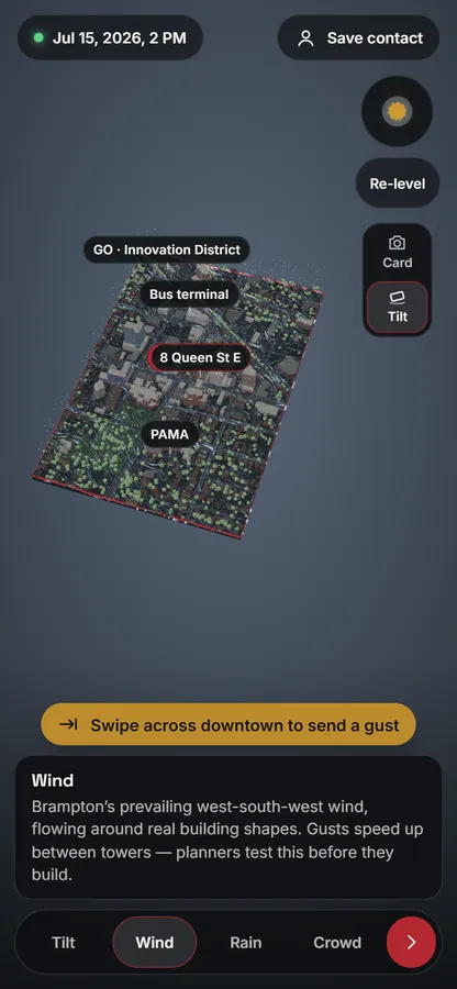 First version on a phone: a small grey 3D city block on a dark screen with large control panels.