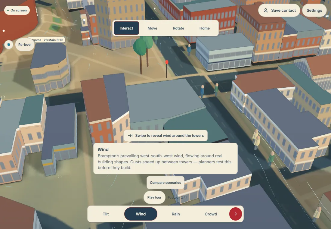 Illustrated close up of streets with cel-shaded buildings and dense window grids.