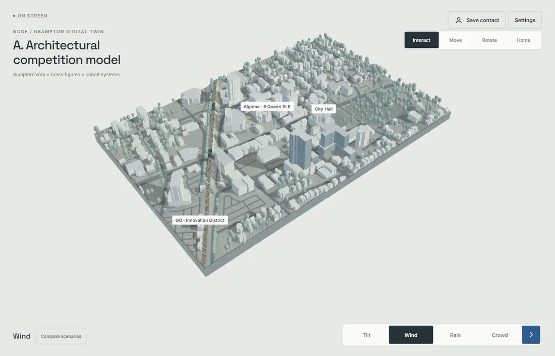 Direction A: Architectural competition model, an all-white massing model on a pale page.