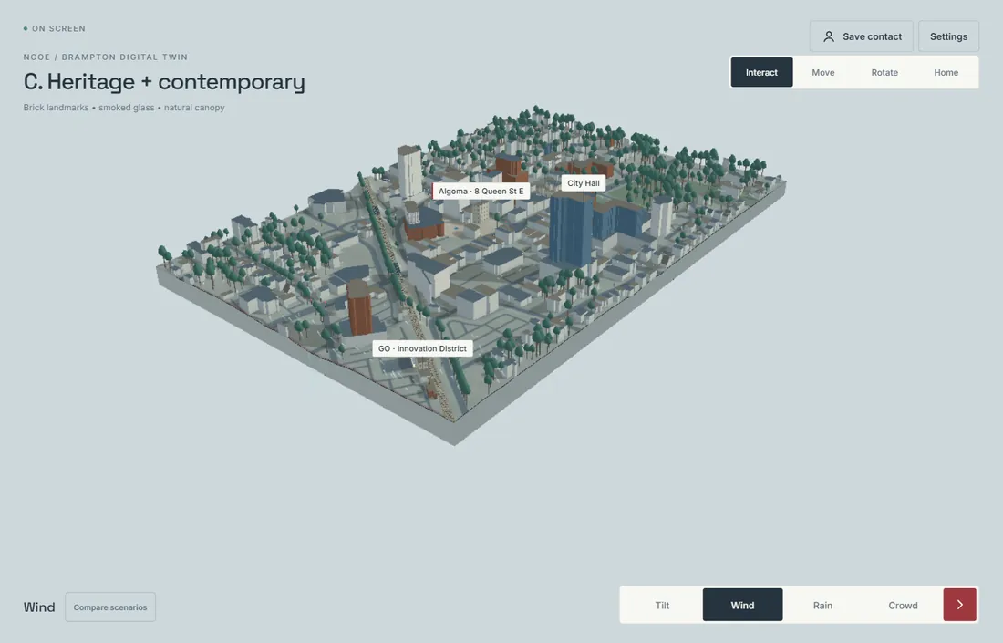 Direction C: Heritage and contemporary, grey model with a few coloured heritage buildings.
