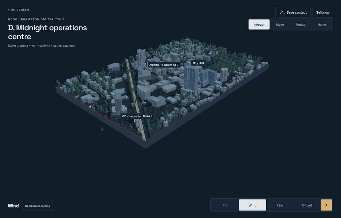 Direction D: Midnight operations centre, a dark blue city on a dark background.