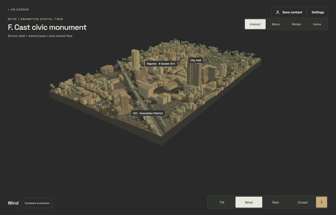 Direction F: Cast civic monument, a bronze-coloured city on black.