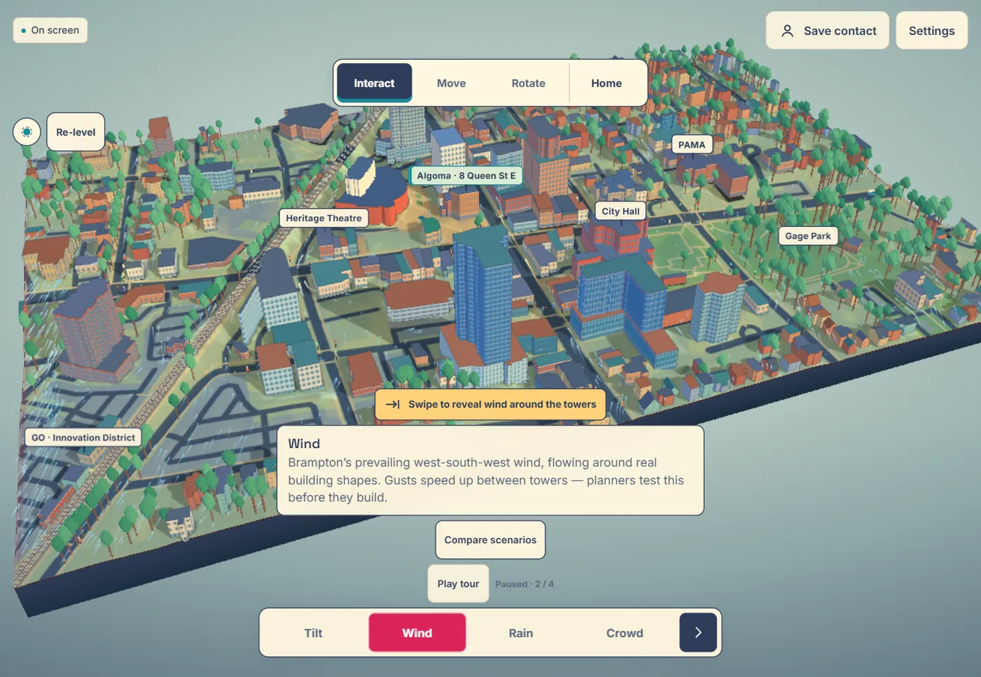 Closer view of the game-style city with chunky trees and coloured landmark buildings.