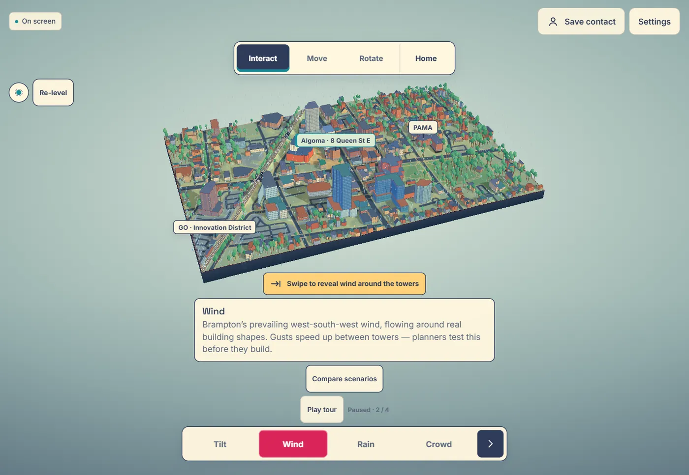 Game-style city: bright coral, blue and cream buildings with dark blue roofs on a pale stage.