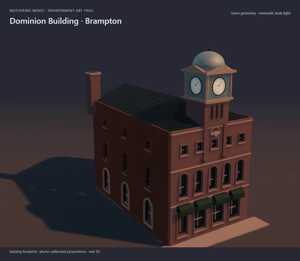 Dominion Building, verified version at dusk: brick facade, arches and clock shaft.