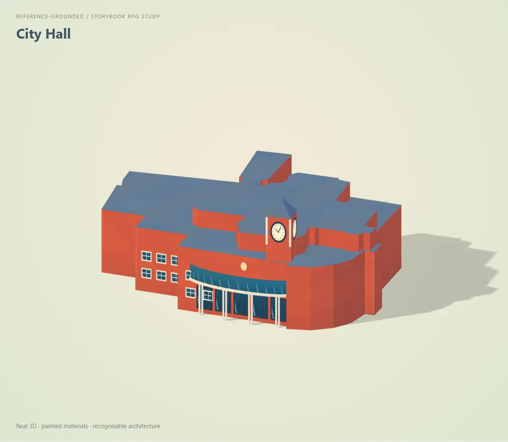 City Hall, storybook pass: red block with a small clock.