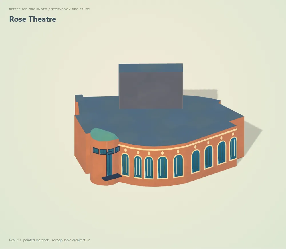 Rose Theatre, storybook pass: orange brick drum with blue roof.