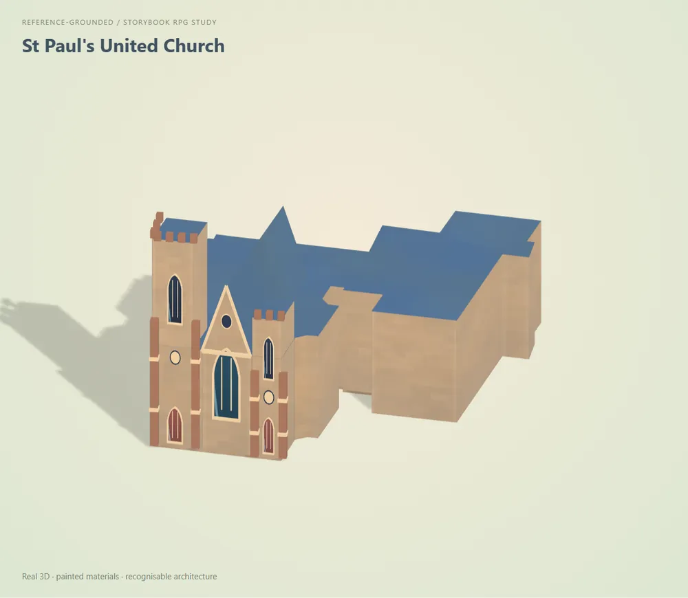 St Paul's United Church, storybook pass: tan stone with blue roofs.