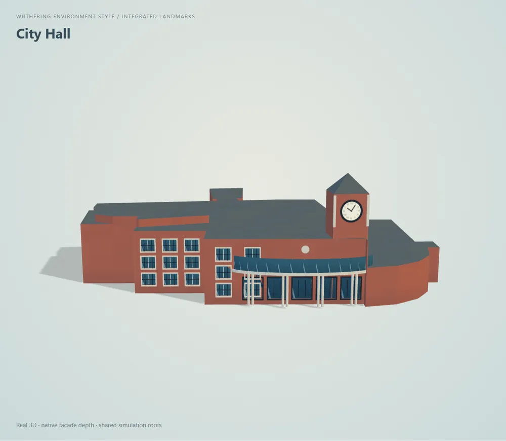 City Hall, Wuthering pass: brick body with a clock tower and cream trim.