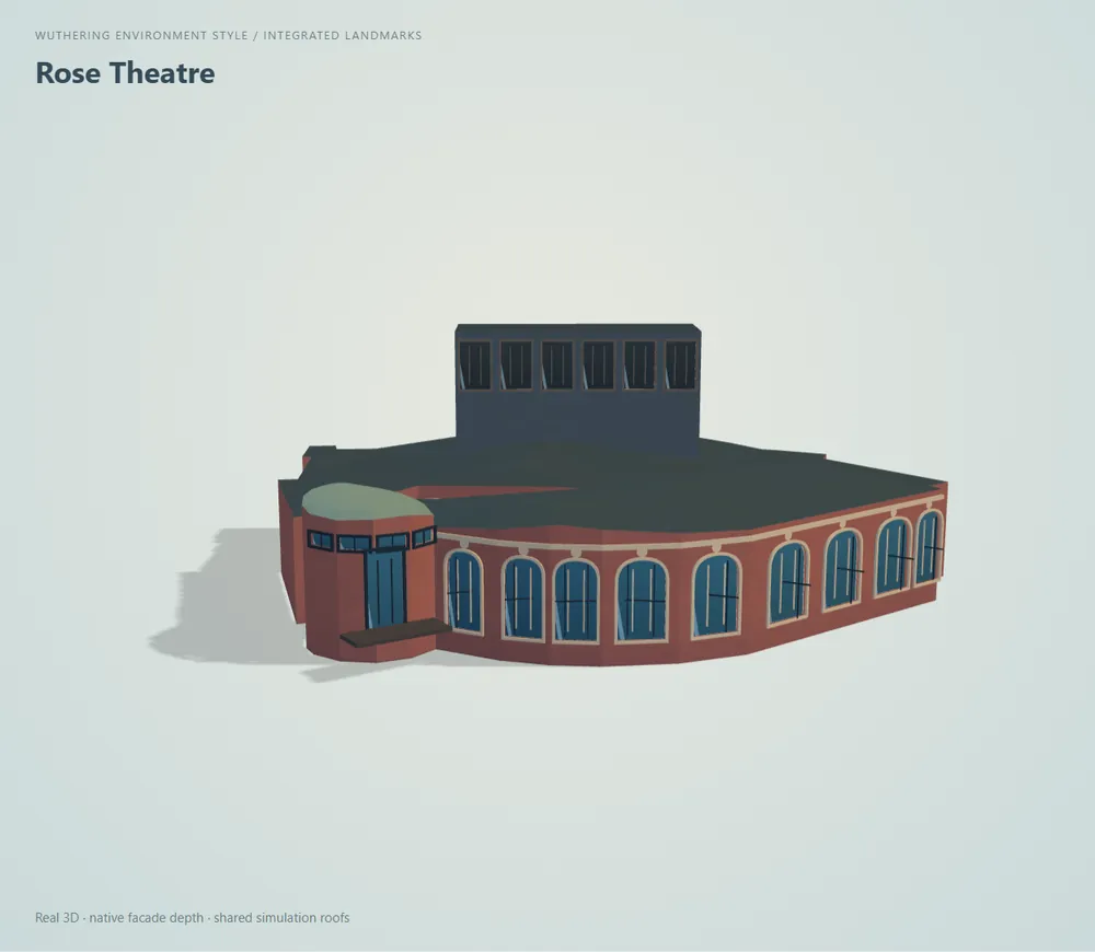 Rose Theatre, Wuthering pass: darker brick, tall arched glazing and a dominant stage tower.