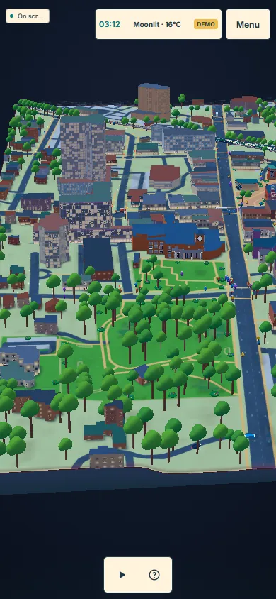 Night city with parks lit before dawn.