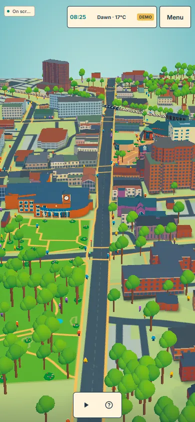 The camera tilts down to reveal 3D buildings and trees.