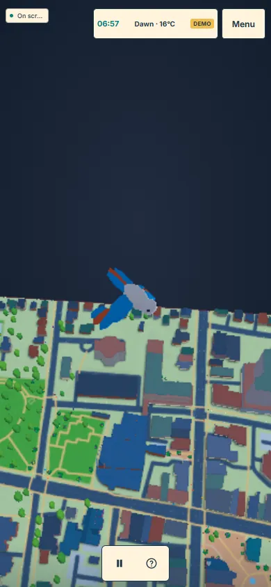 A large blue bird flying over the city map.