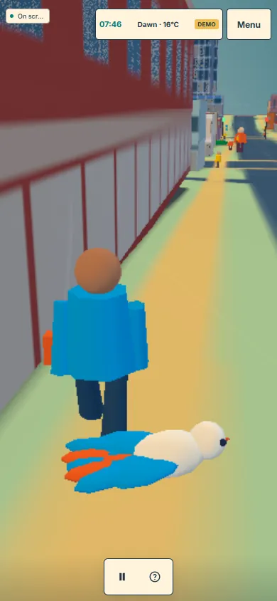 The bird landing at a walker's feet, both drawn large and close.