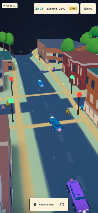 Elevated view of the evening street with cars and lamps.
