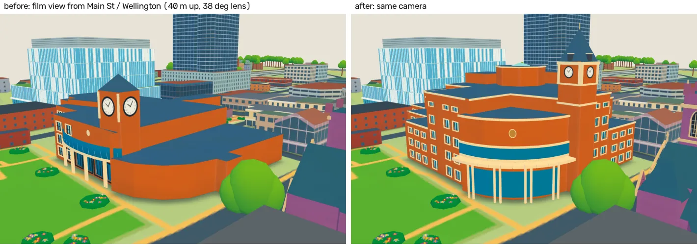 City Hall before and after from the film camera: flat orange block on the left, stepped brick building with clock tower and rounded atrium on the right.