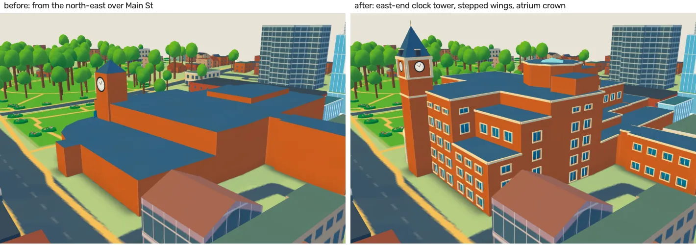 City Hall before and after from the north-east: a plain mass becomes a brick building with a tall clock tower.