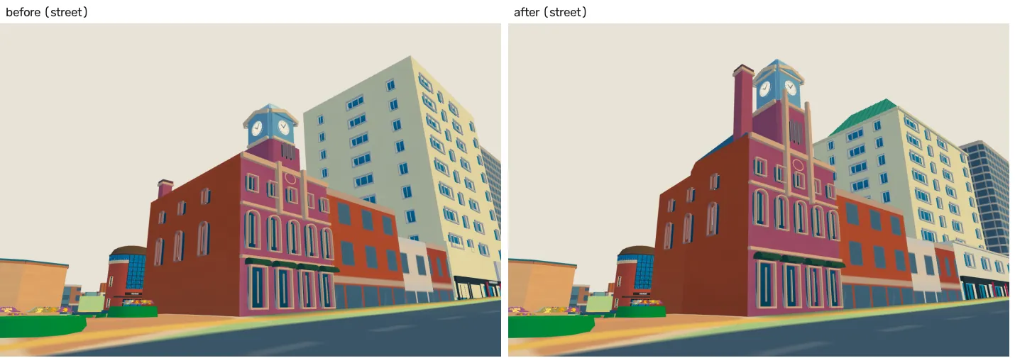 Dominion Building street view before and after: the clock shaft becomes taller and slimmer.