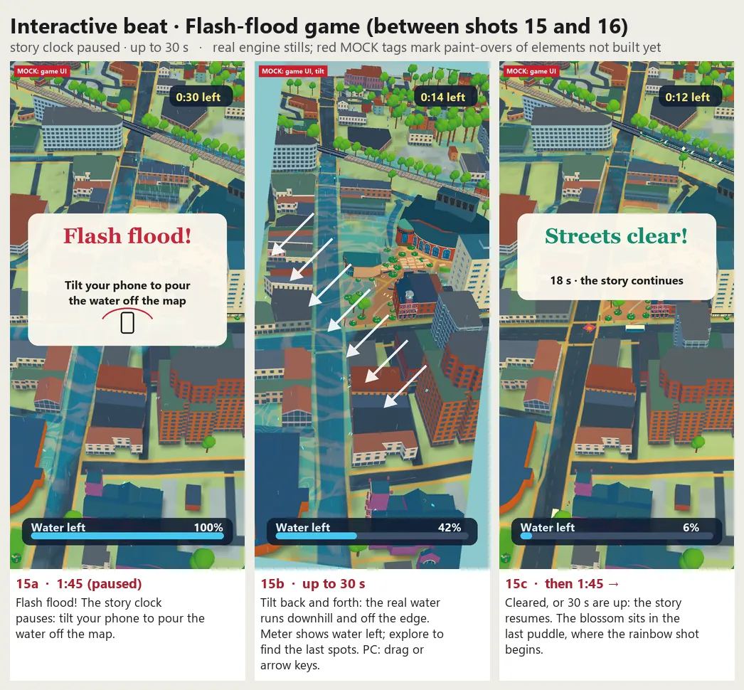 Storyboard for the flash-flood game: flood alert, tilt to pour, streets clear.