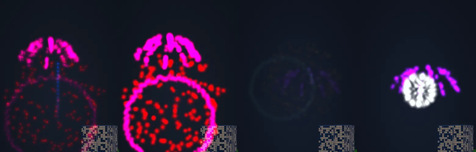 Fireworks comparison between two rounds, bright bursts against dim ones.