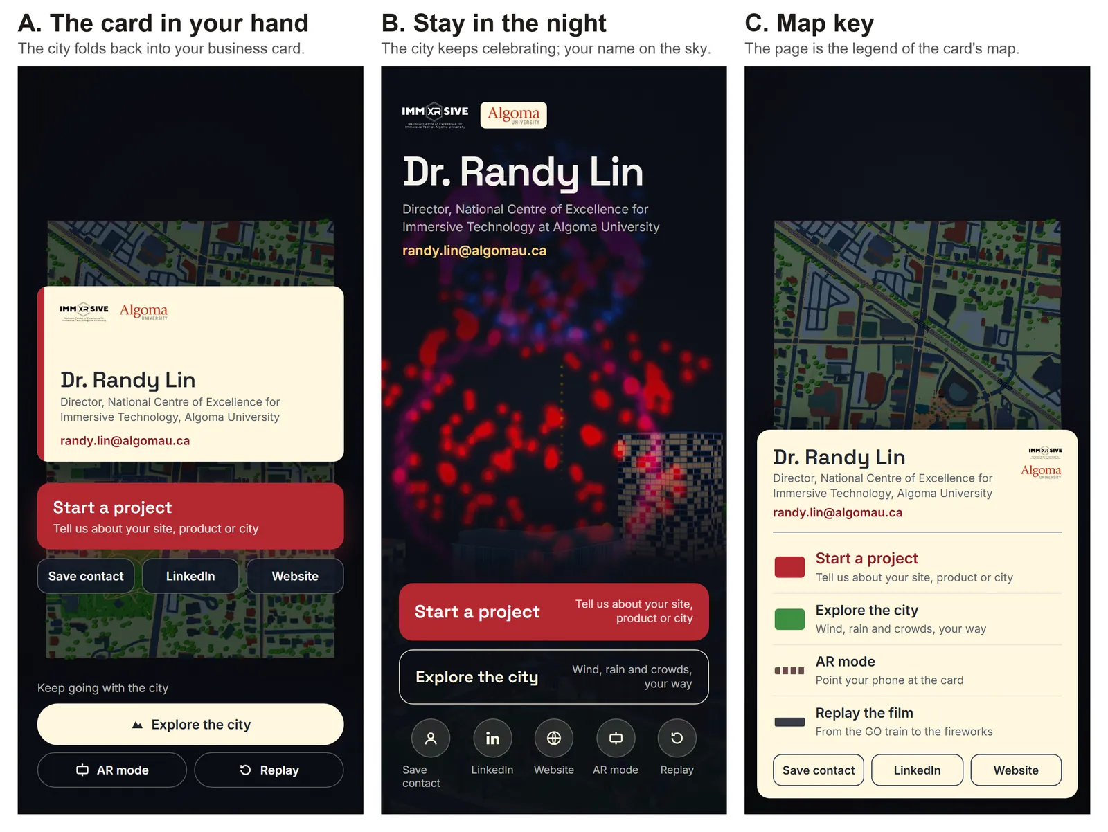 Three end-page options side by side: A the card in your hand, B the map at night, C the map key.
