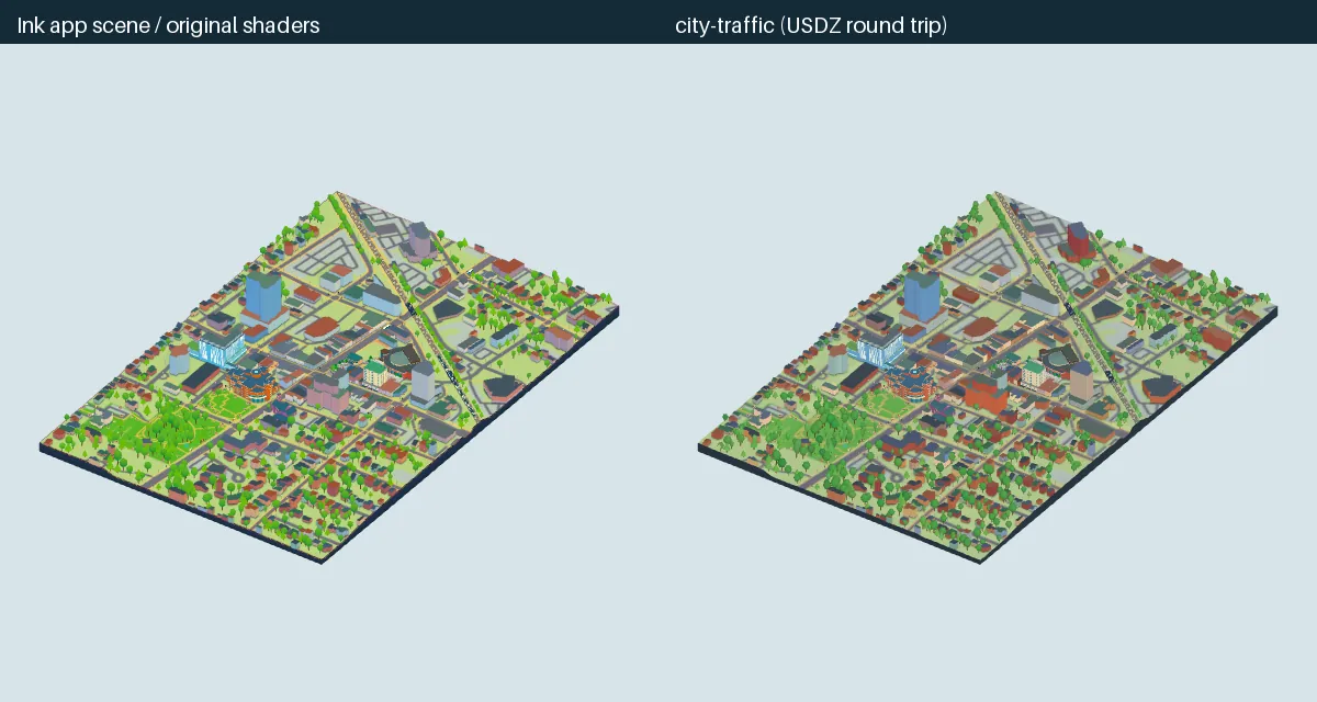 Side by side: the web app's city and the USDZ model for iPhone AR Quick Look.