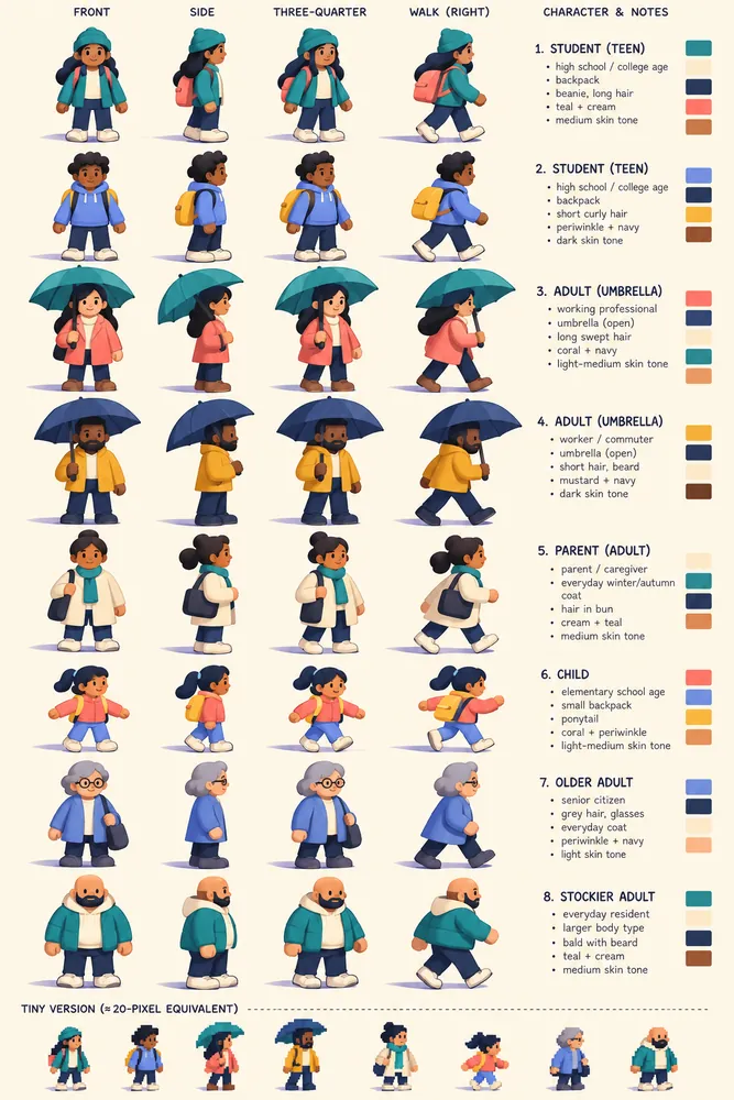 AI concept sheet 'Rounded citizens': chunky cartoon people with round heads in teal, coral and mustard.