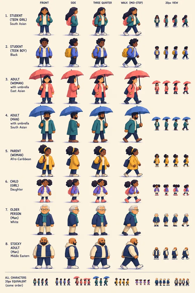 AI concept sheet 'Angular storybook': taller angular cartoon people.