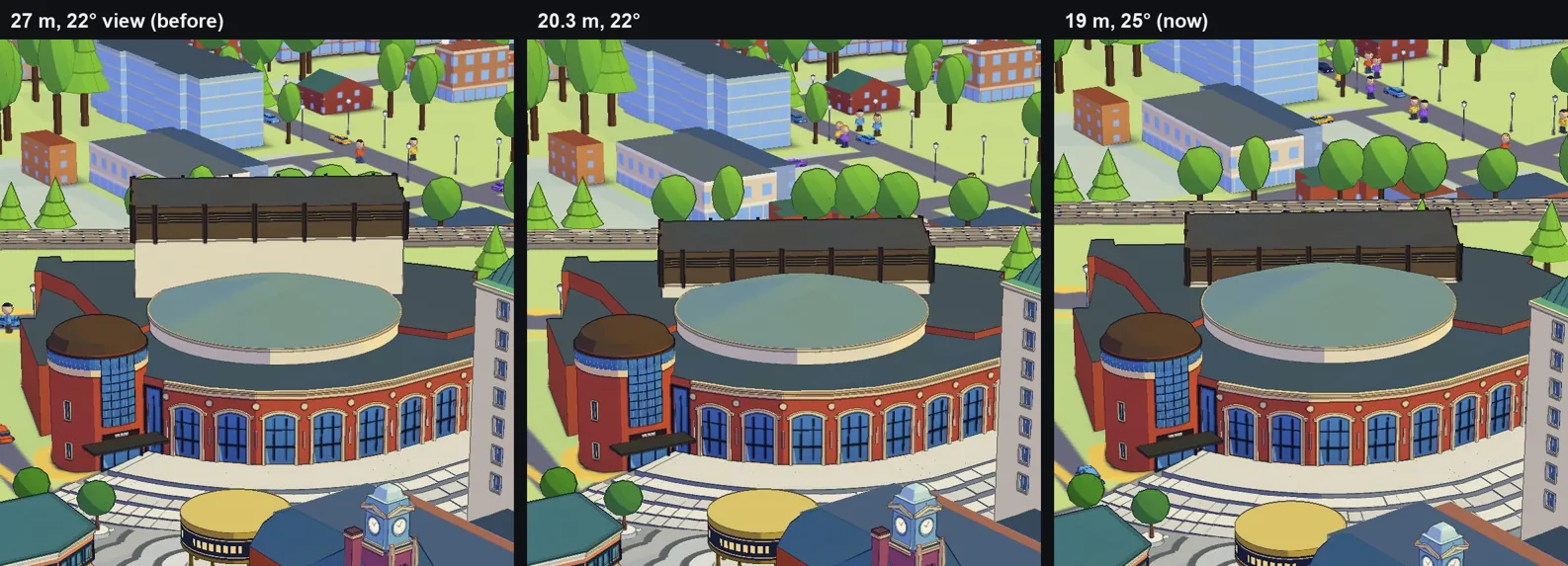 Rose Theatre in three steps: the stage tower at 27 m hides the rail line, at 20.3 m the train starts to show, at 19 m with a steeper view the train passes clearly behind.