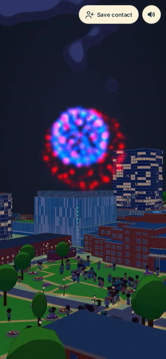 Fireworks over the city at night.